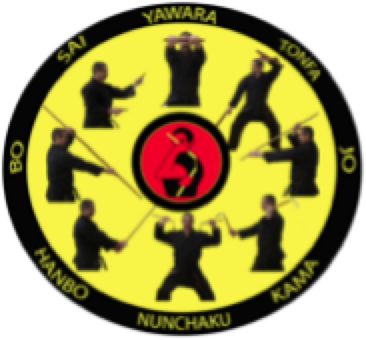 Sussex Kobudo weapons wheel: Sai, Yawara, Tonfa, Kama, Nunchaku, Hanbo, Bo and Jo, each with a figure demonstrating it